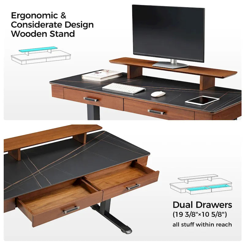 Eureka Ergonomic 55 Slate Stone Standing Desk Executive Writing Desk with 2 Drawers & Monitor Stand