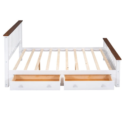 Queen Size Wood Platform Bed with Two Drawers and Wooden Slat Support,White+walnut