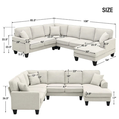 [VIDEO provided] [New] 108*85.5 Modern U Shape Sectional Sofa, 7 Seat Fabric Sectional Sofa Set with 3 Pillows Included for Liv