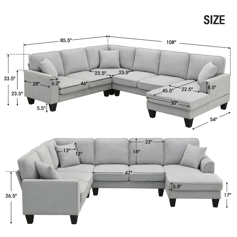 [VIDEO provided] [New] 108*85.5 Modern U Shape Sectional Sofa, 7 Seat Fabric Sectional Sofa Set with 3 Pillows Included for Liv