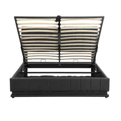 Queen Size Upholstered Bed with Hydraulic Storage System and LED Light, Modern Platform Bed with Sockets and USB Ports, Black