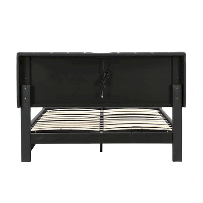 Queen Size Upholstered Bed with Hydraulic Storage System and LED Light, Modern Platform Bed with Sockets and USB Ports, Black