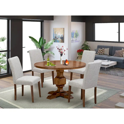 East West Furniture Dining Table Set- a Round Dining Table and Doeskin Parson Chairs, Antique Walnut (Pieces Option)