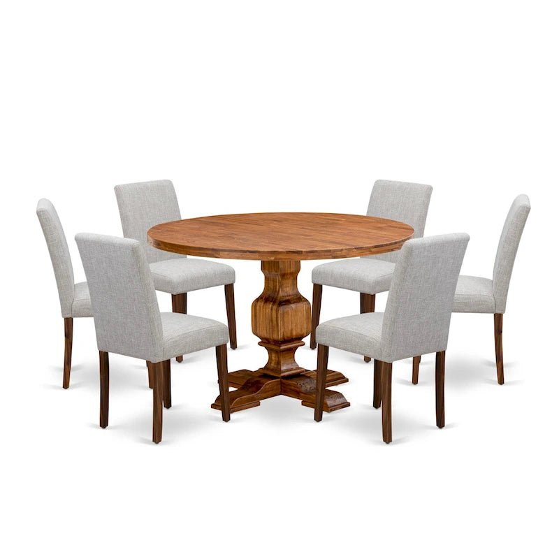 East West Furniture Dining Table Set- a Round Dining Table and Doeskin Parson Chairs, Antique Walnut (Pieces Option)