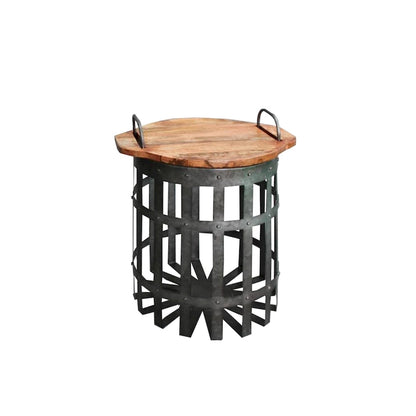 Industrial Grid Galvanized Accent End Table with Round Lid and Handles, Set of 2, Gray and Brown