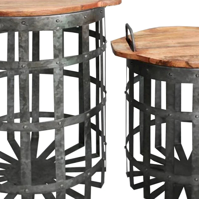 Industrial Grid Galvanized Accent End Table with Round Lid and Handles, Set of 2, Gray and Brown