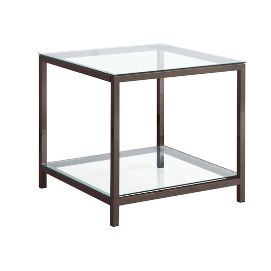 Glass Top End Table with Metal Frame and Open Shelf, Nickel