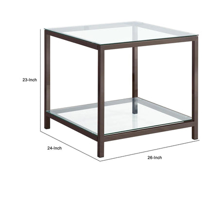 Glass Top End Table with Metal Frame and Open Shelf, Nickel