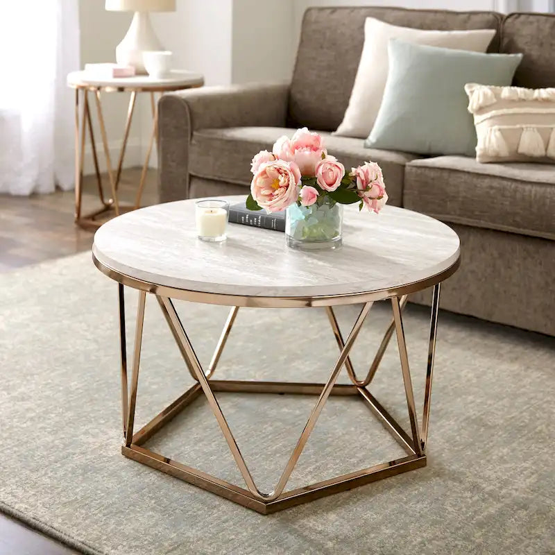 SEI Furniture Henderson Modern Faux Marble Round Coffee Table with Gold Geometric Base