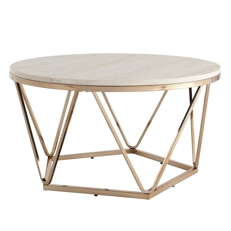 SEI Furniture Henderson Modern Faux Marble Round Coffee Table with Gold Geometric Base