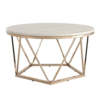 SEI Furniture Henderson Modern Faux Marble Round Coffee Table with Gold Geometric Base