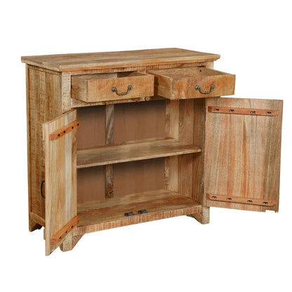 39 Inch Artisanal Farmhouse Style 2 Drawer Mango Wood Cabinet Console with 2 Door Storage Rustic Brown