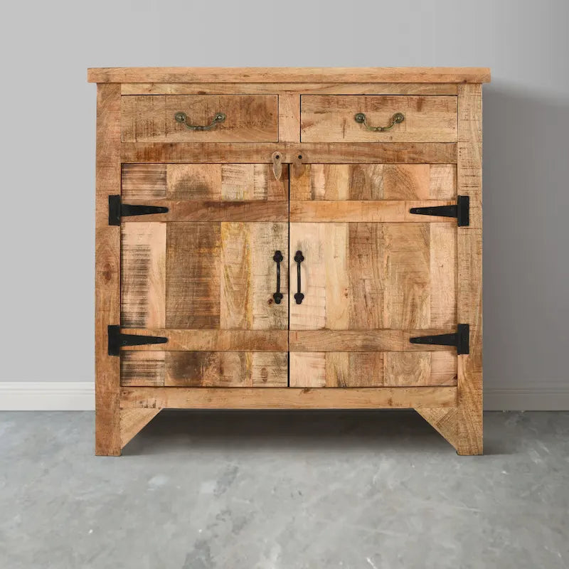 39 Inch Artisanal Farmhouse Style 2 Drawer Mango Wood Cabinet Console with 2 Door Storage Rustic Brown