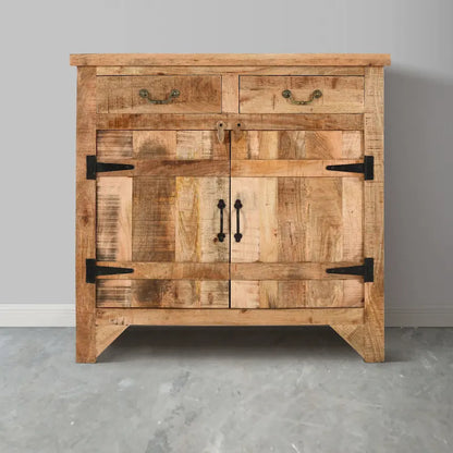 39 Inch Artisanal Farmhouse Style 2 Drawer Mango Wood Cabinet Console with 2 Door Storage Rustic Brown