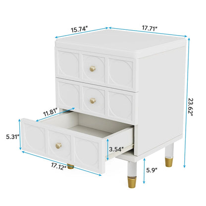 White Gold Nightstand Bedside Table with 3 Drawers