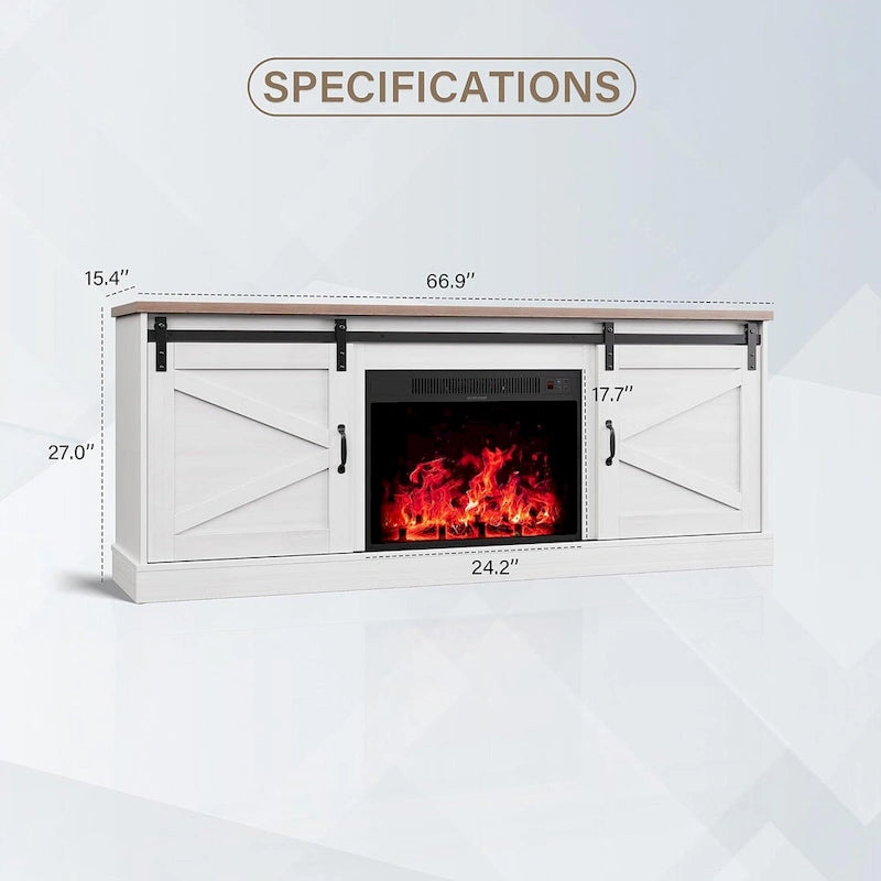 67 Farmhouse TV Stand with Large Cabinet with Sliding Barn Door & Fireplace