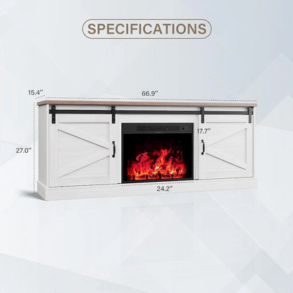 67 Farmhouse TV Stand with Large Cabinet with Sliding Barn Door & Fireplace