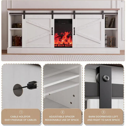 67 Farmhouse TV Stand with Large Cabinet with Sliding Barn Door & Fireplace