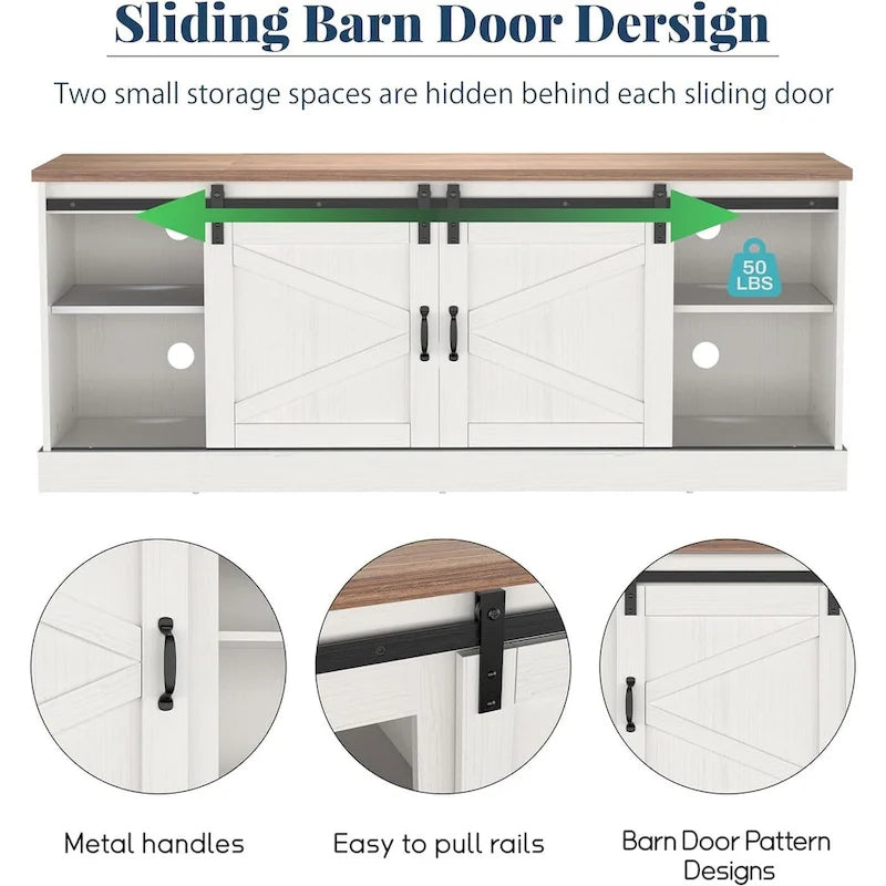 67 Farmhouse TV Stand with Large Cabinet with Sliding Barn Door & Fireplace