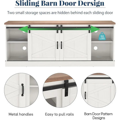 67 Farmhouse TV Stand with Large Cabinet with Sliding Barn Door & Fireplace