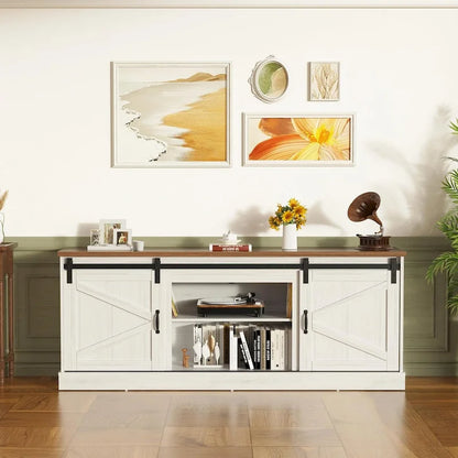 67 Farmhouse TV Stand with Large Cabinet with Sliding Barn Door & Fireplace