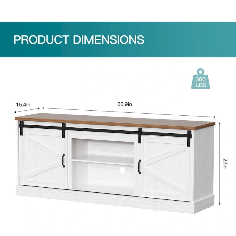 67 Farmhouse TV Stand with Large Cabinet with Sliding Barn Door & Fireplace