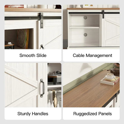 67 Farmhouse TV Stand with Large Cabinet with Sliding Barn Door & Fireplace