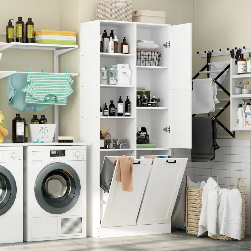 Sleek White Laundry Bathroom Cabinet with Unique Rotating Drawers