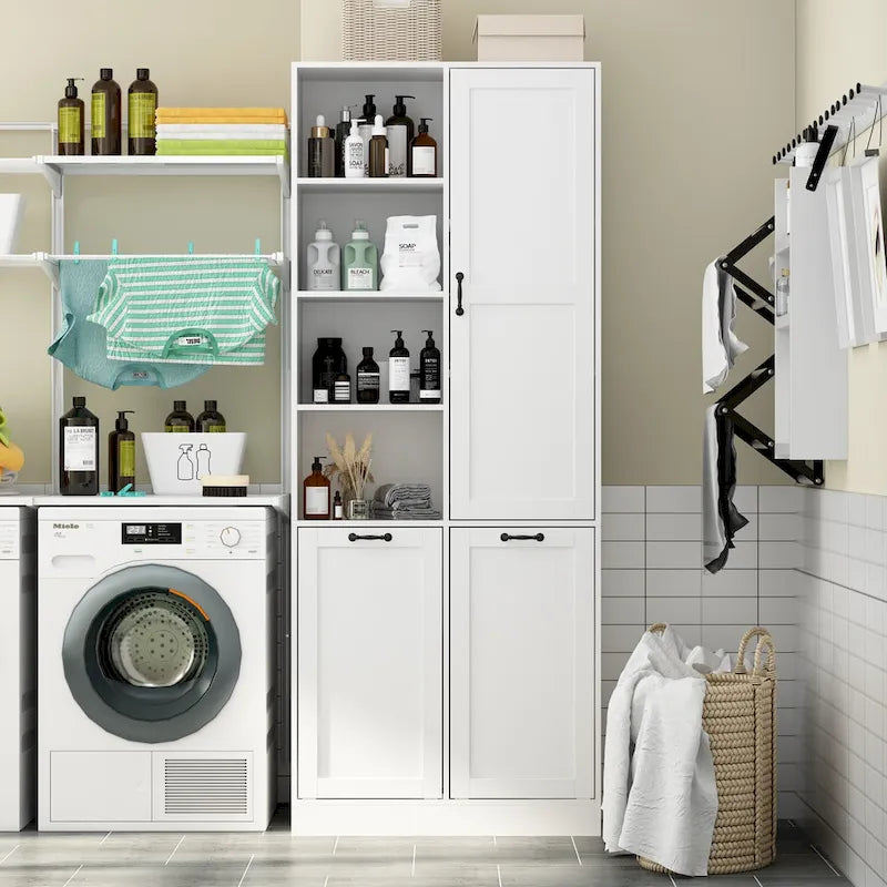 Sleek White Laundry Bathroom Cabinet with Unique Rotating Drawers