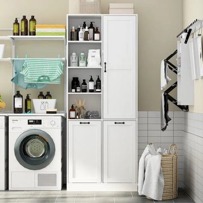 Sleek White Laundry Bathroom Cabinet with Unique Rotating Drawers