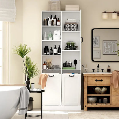 Sleek White Laundry Bathroom Cabinet with Unique Rotating Drawers