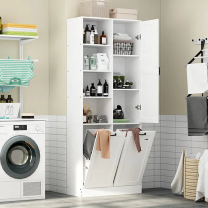 Sleek White Laundry Bathroom Cabinet with Unique Rotating Drawers