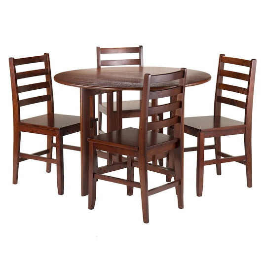 5-Pc Round Drop Leaf Table with Ladder-back Chairs, Walnut