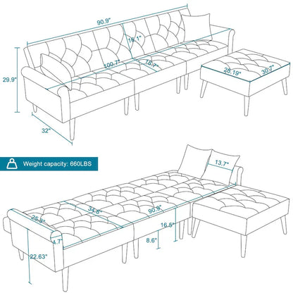 Convertible Velvet Sofa Couch, Sectional Sofa with Ottoman, Mid-Century Futon Sofa Bed - 32D x 100.7W x 29.9H