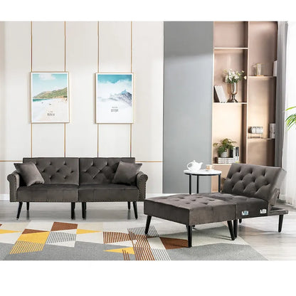 Convertible Velvet Sofa Couch, Sectional Sofa with Ottoman, Mid-Century Futon Sofa Bed - 32D x 100.7W x 29.9H