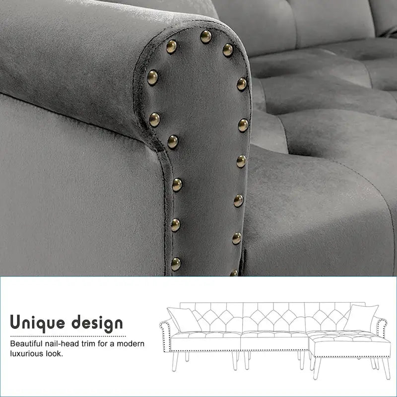 Convertible Velvet Sofa Couch, Sectional Sofa with Ottoman, Mid-Century Futon Sofa Bed - 32D x 100.7W x 29.9H