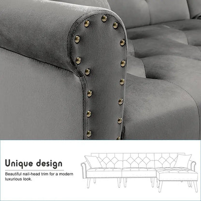 Convertible Velvet Sofa Couch, Sectional Sofa with Ottoman, Mid-Century Futon Sofa Bed - 32D x 100.7W x 29.9H