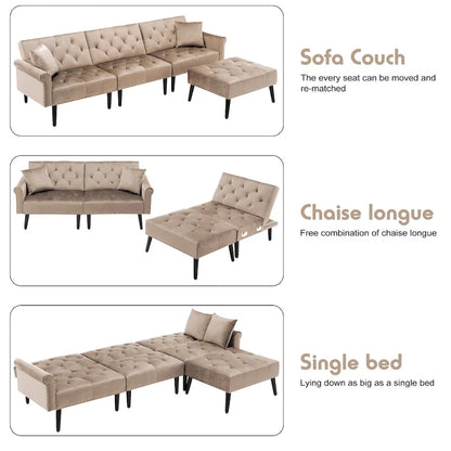 Convertible Velvet Sofa Couch, Sectional Sofa with Ottoman, Mid-Century Futon Sofa Bed - 32D x 100.7W x 29.9H