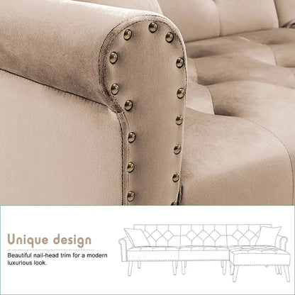 Convertible Velvet Sofa Couch, Sectional Sofa with Ottoman, Mid-Century Futon Sofa Bed - 32D x 100.7W x 29.9H