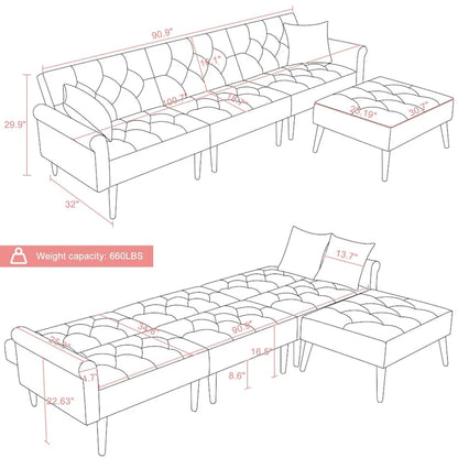 Convertible Velvet Sofa Couch, Sectional Sofa with Ottoman, Mid-Century Futon Sofa Bed - 32D x 100.7W x 29.9H