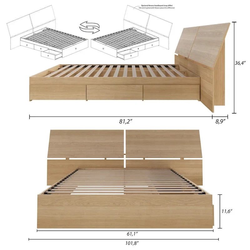 Nordik Storage Bed and Panoramic Headboard, Natural Maple
