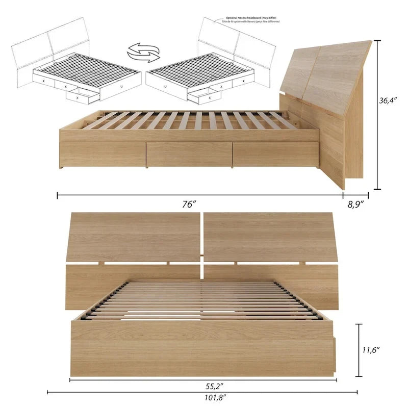 Nordik Storage Bed and Panoramic Headboard, Natural Maple