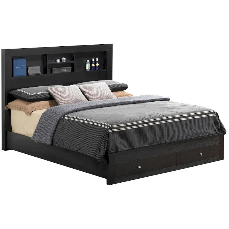 Burlington King Storage Platform Bed with Built in Shelves and Two Footboard Drawers