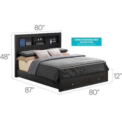 Burlington King Storage Platform Bed with Built in Shelves and Two Footboard Drawers