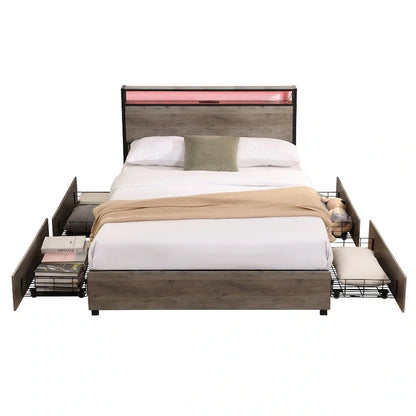 Full Size Platform Bed Frame, Storage Headboard with Charging Station and 4 Storage Drawers