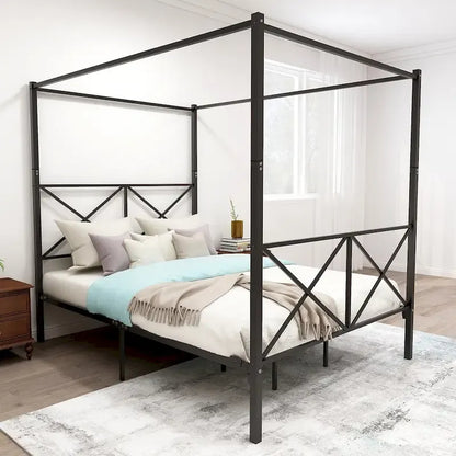Metal Canopy Bed Frame, Platform Bed Frame Queen with X Shaped Frame Queen Black
