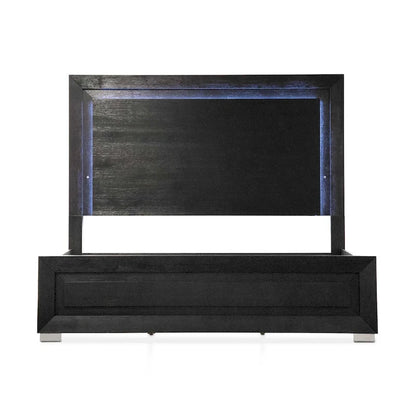 Furniture of America Alaric Modern Black Solid Wood Panel Bed with LED Light Headboard