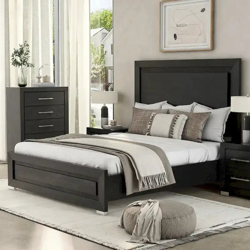 Furniture of America Alaric Modern Black Solid Wood Panel Bed with LED Light Headboard