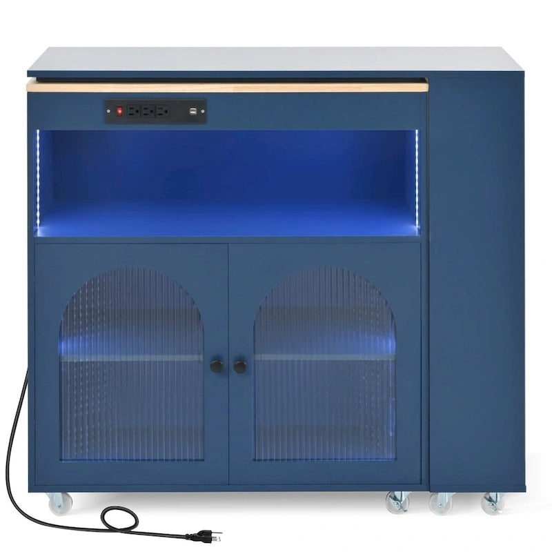 Rubberwood Kitchen Cart with Drop Leaf, Extended Table, 2 Fluted Glass Doors, LED Light and Power Outlet