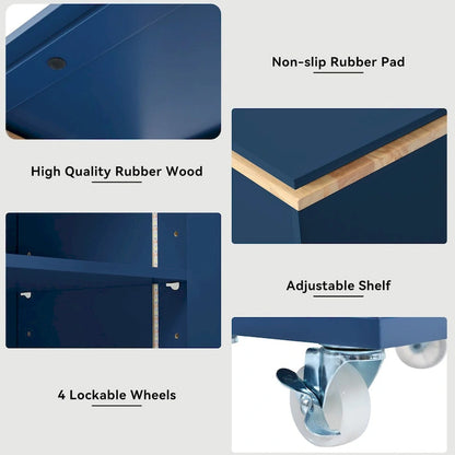 Rubberwood Kitchen Cart with Drop Leaf, Extended Table, 2 Fluted Glass Doors, LED Light and Power Outlet